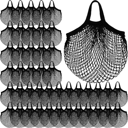 Paterr 50 Pack Cotton Mesh Produce Bags Bulk Reusable Market Bag Washable Net Grocery Purse String Shopping Tote Beach Organizer for Vegetable Fruit Picnic Food Storage (Short Handle,Black)