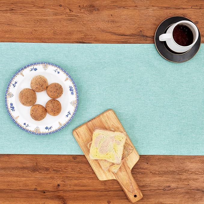 Mebakuk Linen Farmhouse Table Runner Large Burlap Style Soft and Waterproof Decorative Fabric Runner for Outdoor Wedding and Dinner (14 x 132 Inch, Turquoise Blue)