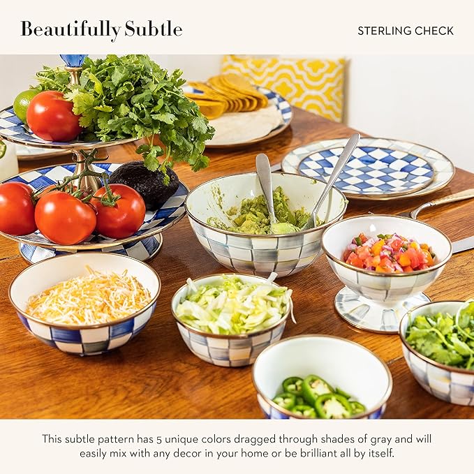 MACKENZIE-CHILDS Enamel Everyday Bowl, Serving Bowl for Entertaining, Large, Gray-and-White Sterling Check, Set of 1