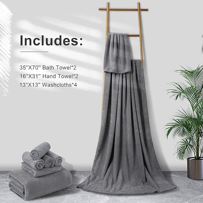 8-Piece Gray Bath Towel Set, 2 Extra Large Bath Towel Sheets, 2 Hand Towels and 4 Washcloths - Highly Absorbent Quick Dry Microfiber,Ultra Soft Towel Set for Bathroom, Waffle Weave Design, Pack of 8