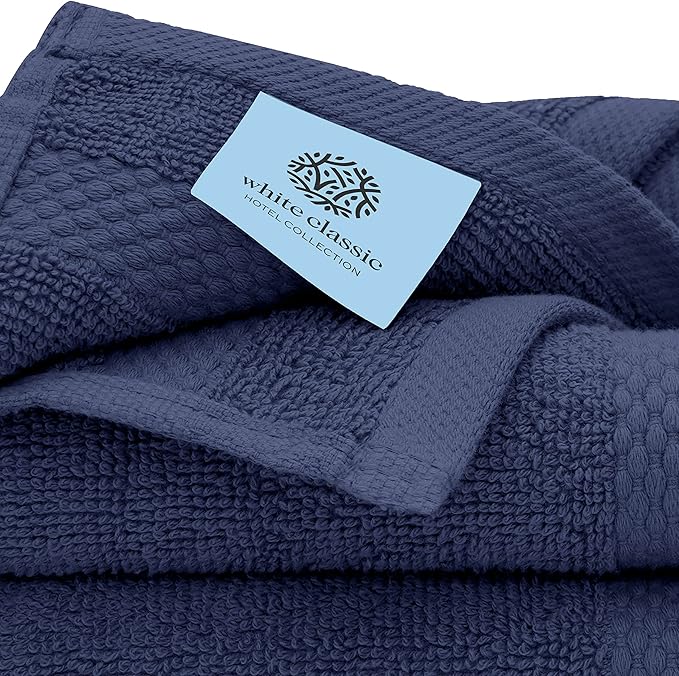 White Classic Luxury Bath Towel Set of 8 Pieces - 100% Turkish Cotton Highly Absorbent Towels for Bathroom, 2 Luxury Bath Towels 700GSM, 2 Hand Towels, 4 Washcloths, Navy