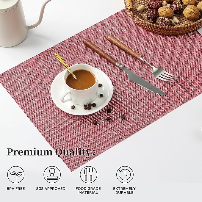 Christmas Red Placemats Set of 6 - Heat Resistant Non-Slip Place mats for Dining Table, Washable Durable PVC Vinyl Woven Table Mats