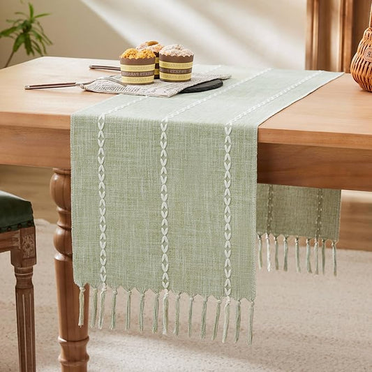 Braided Farmhouse Table Runner,Braided Sage Green 13x72Inch, Cotton Linen Table Runners 72 Inches Long, Embroidered Striped Sage Green Boho Table Runner Rustic Home Decor