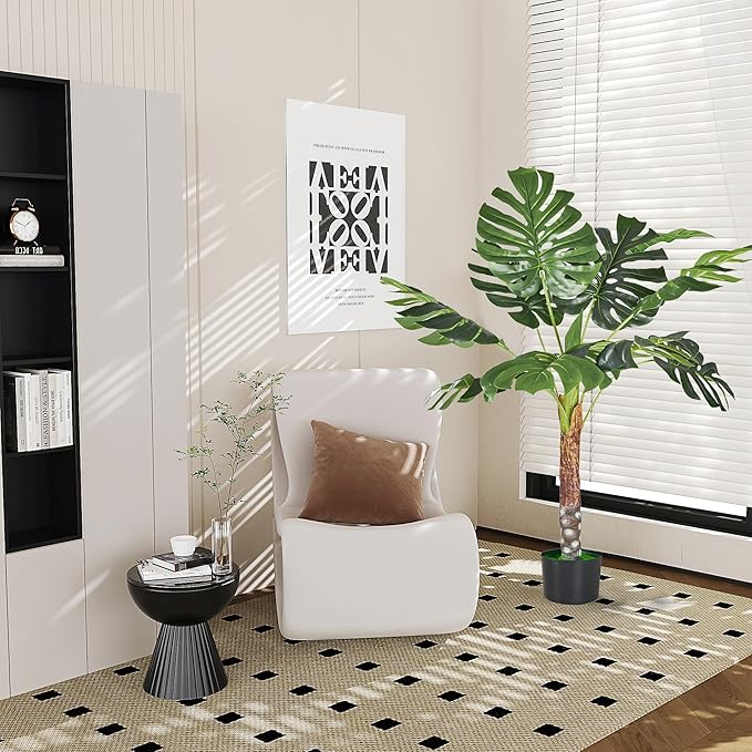 VECELO 4FT Artificial Monstera Plant Tall, 48'' Faux Swiss Cheese Plants Large with Fake Bark, Dried Moss and Pot, Houseplant for Indoor Outdoor Living Room Home Decor