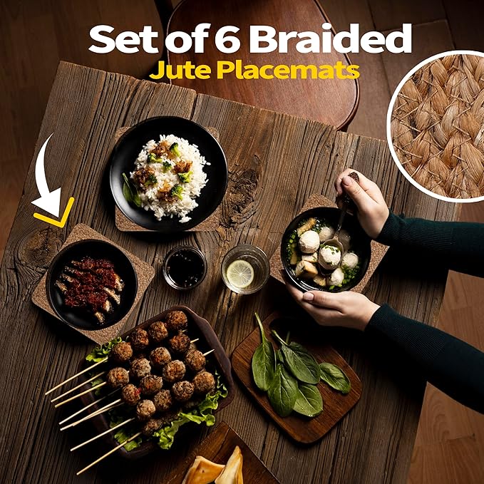 Craft Trade Set of 6 Hand Braided Jute Placemats Fiber Rustic Vintage Farmhouse Dining Table Mat for Parties Birthday BBQ 13x13 Inch Natural