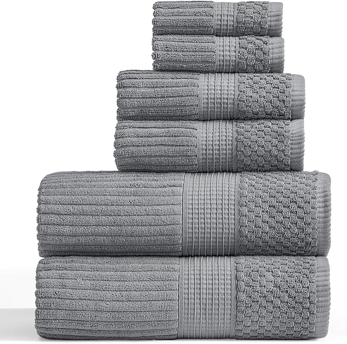 Springtree Home 100% Cotton Bath Towel Set 6 Piece Set | Super Soft & Absorbent Quick-Dry 2 Bath Towels 2 Hand Towels & 2 Washcloths |Textured and Durable Cotton | Krista Collection (Ultimate Grey)