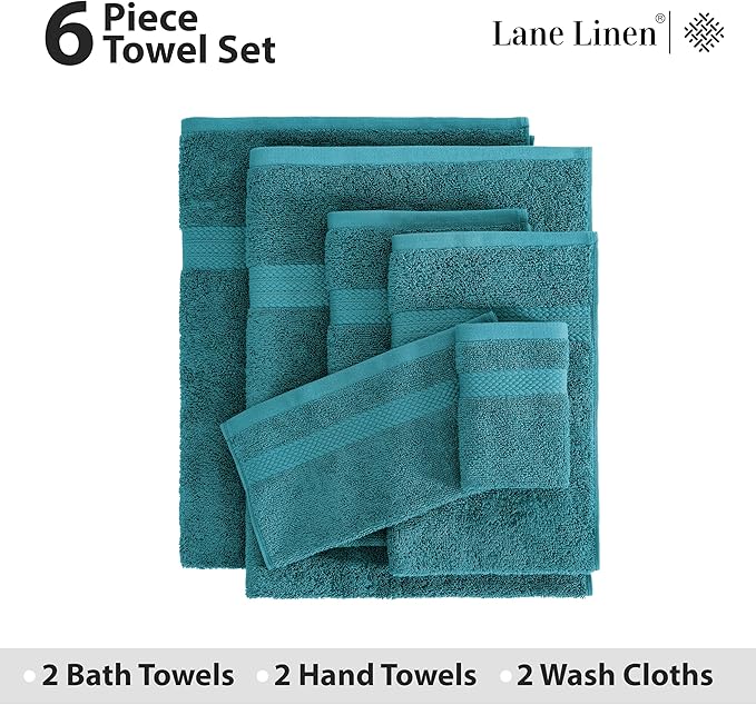 LANE LINEN 100% Cotton 6 Piece Bath Towel Set - Ring Spun, Quick Dry, Super Soft & Highly Absorbent - 2 Bath, 2 Washcloths, 2 Bathroom Hand Towels - Hotel Quality Luxury Bathroom Towel Set - Sea Port