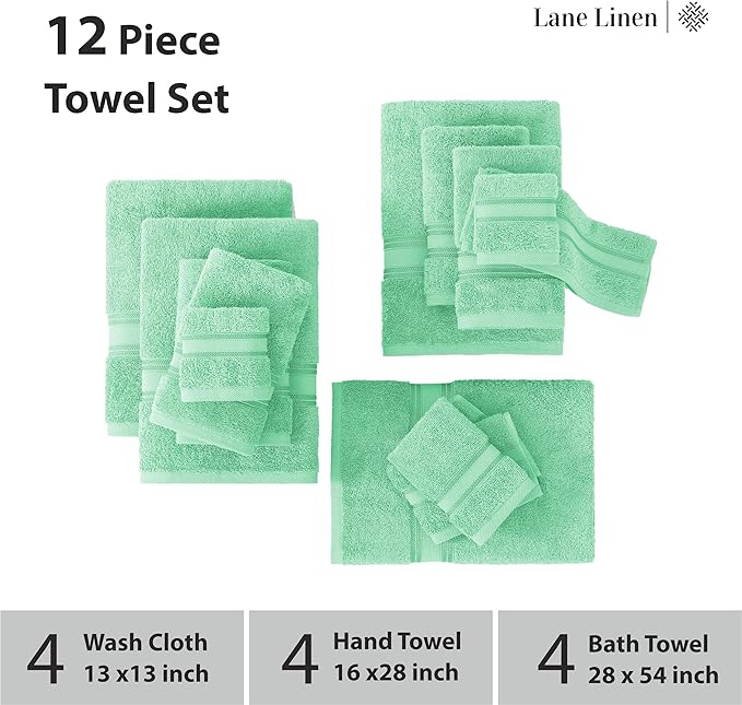 LANE LINEN Luxury Bath Towel Set of 12 – 100% Ring-Spun Cotton, 4 Bath Towels, 4 Hand Towel & 4 Washcloths, Zero Twist, Remains Soft & Absorbent Even After Multiple Washes - Aqua Sky