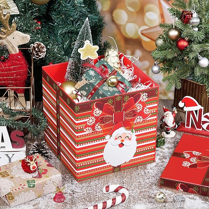 RUSPEPA Christmas Gift Box with Lid, Santa Claus and Red Bow Design, Medium Collapsible Gift Box with Ribbon and Tissue Paper for Holiday Party, Gift Wrapping, Candy Storage, 9x9x9 Inches, 1 Pcs