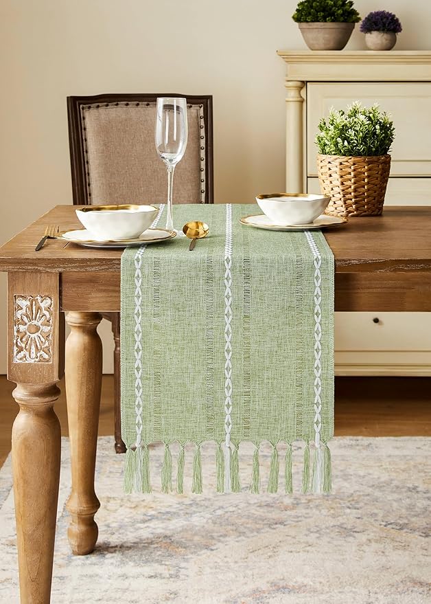 Hemstitched Farmhouse Table Runner, Sage Green 13x36 Inch, Cotton Linen Table Runners 36 Inches Long, Embroidered Striped Sage Green Boho Table Runner Rustic Home Decor