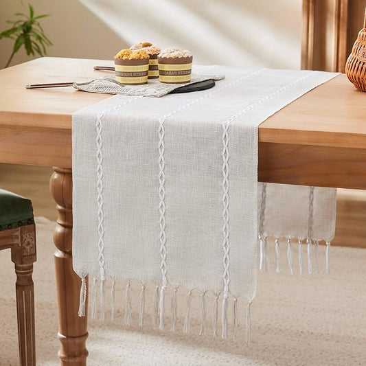 Braided Farmhouse Table Runner, Braided Light Grey 13x48 Inch, Cotton Linen Table Runners 48 Inches Long, Embroidered Striped Light Grey Boho Table Runner Rustic Home Decor