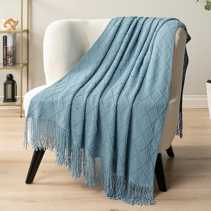 PAVILIA Dusty Blue Knit Throw Blanket for Couch, Twin Bed, Soft Knitted Farmhouse Sofa Throw for Living Room, Lightweight Decorative Summer Blanket for Chair, Outdoor Textured Boho Blanket, 60x80