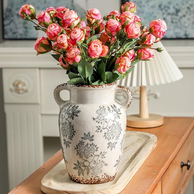 Enra Vintage vase with Handle,9.4 inch Blue and White Ceramic Decorative Flower vase, Chinoiserie Floral Vase,Large Rustic Vases for Home Decors, Living Room, Bookshelf, Office