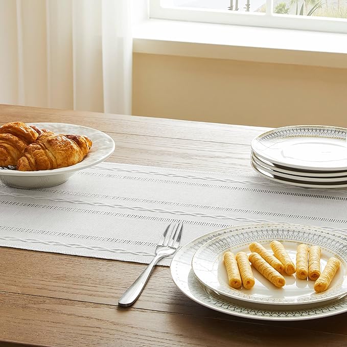 Christmas Table Runner, White 13x48 Inch, Hemstitched Farmhouse Cotton Linen Boho Table Runners 48 Inches Long, Embroidered Striped Rustic Home Decor