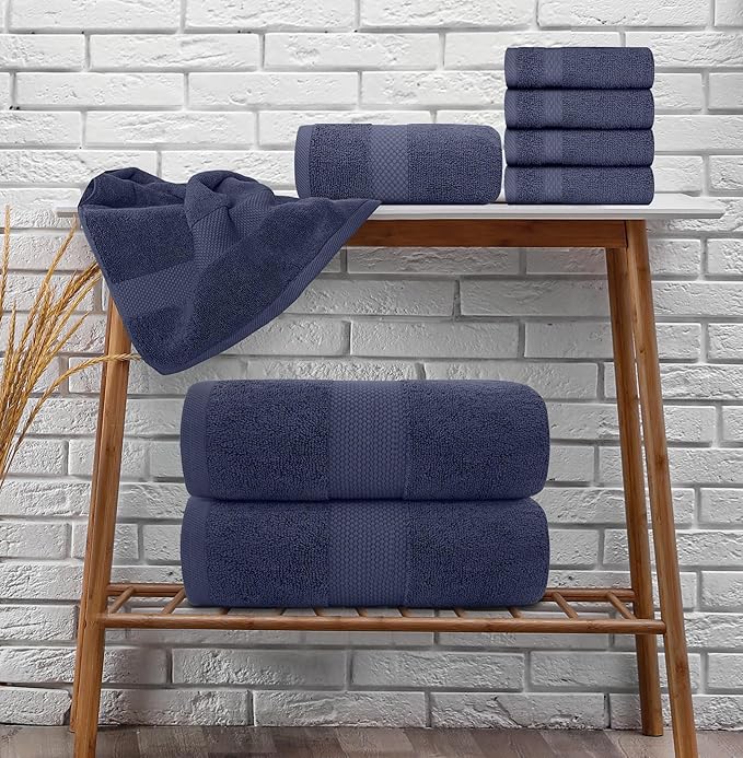 White Classic Luxury Bath Towel Set of 8 Pieces - 100% Turkish Cotton Highly Absorbent Towels for Bathroom, 2 Luxury Bath Towels 700GSM, 2 Hand Towels, 4 Washcloths, Navy