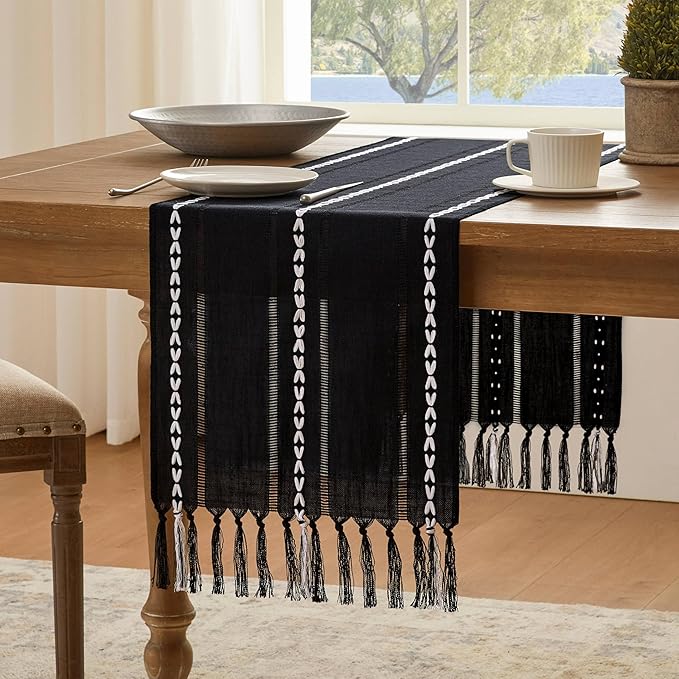 Hemstitched Farmhouse Table Runner, Black 13x36 Inch, Cotton Linen Table Runners 36 Inches Long, Embroidered Striped Orange Boho Table Runner Rustic Home Decor