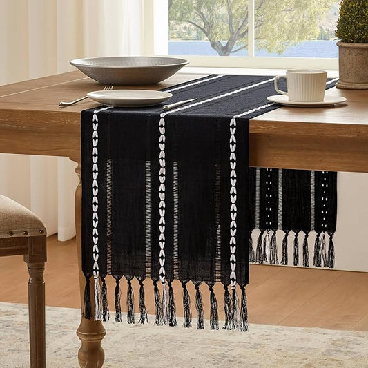 Hemstitched Farmhouse Table Runner, Black 13x90 Inch, Cotton Linen Table Runners 90 Inches Long, Embroidered Striped Orange Boho Table Runner Rustic Home Decor