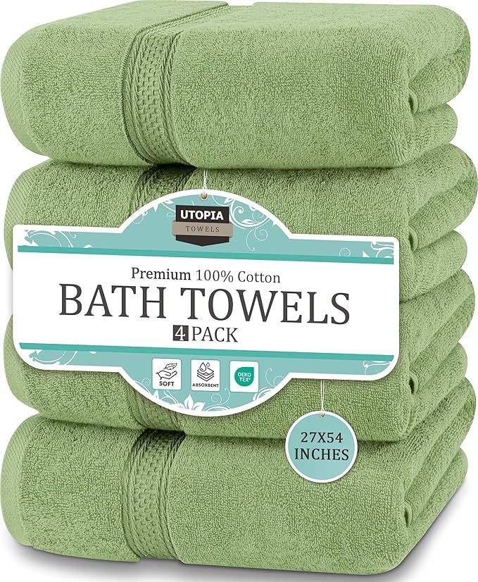 Utopia Towels 4 Pack Premium Bath Towels Set, 27 by 54 Inches, 100% Ring Spun Cotton 600GSM, Lightweight and Highly Absorbent Quick Drying Towels, Perfect for Daily Use, Sage Green