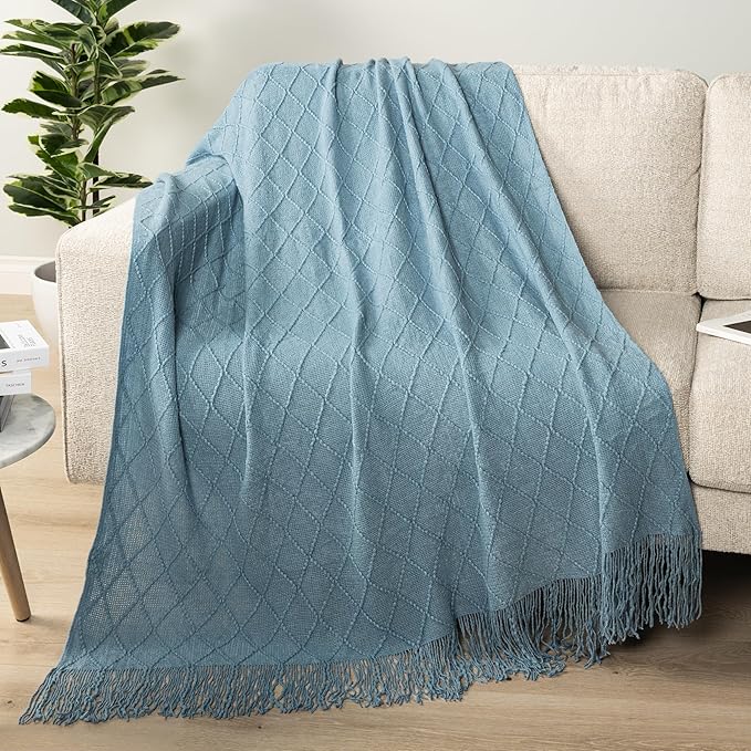 PAVILIA Dusty Blue Knit Throw Blanket for Couch Bed, Soft Knitted Farmhouse Sofa Throw for Living Room, Lightweight Decorative Summer Throw Blanket for Chair, Outdoor Textured Boho Blanket, 50x60