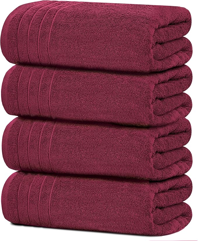 Tens Towels Pack of 4 Extra Large Bath Towels 30 x 60 Inches, 100% Cotton, Larger & Lighter Weight, Quicker to Dry, Super Soft and Absorbent, Perfect for Bathroom, Burgundy