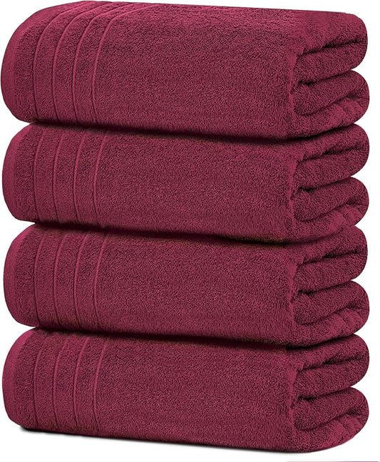 Tens Towels Pack of 4 Extra Large Bath Towels 30 x 60 Inches, 100% Cotton, Larger & Lighter Weight, Quicker to Dry, Super Soft and Absorbent, Perfect for Bathroom, Burgundy