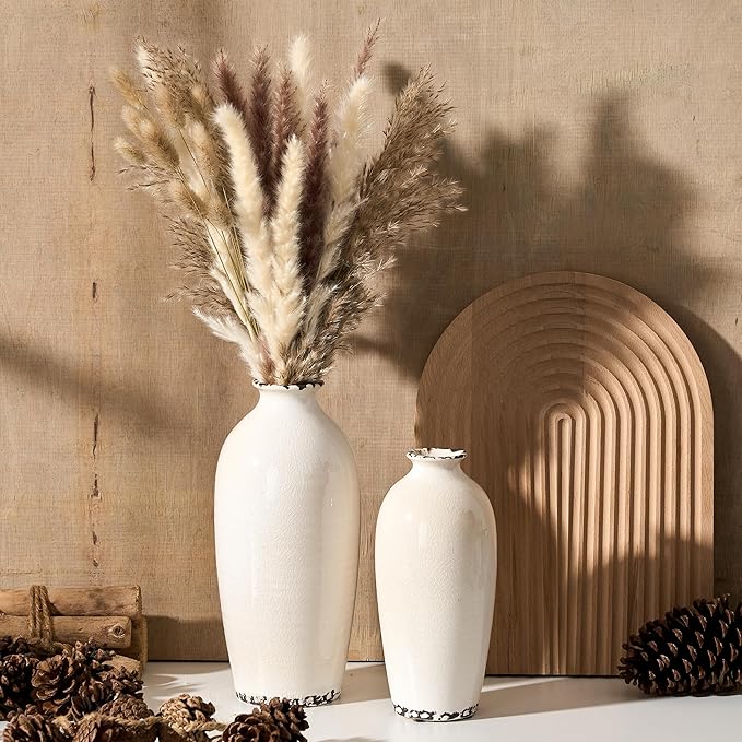 Ceramic Vases for Home Decor, Ice Crackle Aged White Vintage Ceramic Vase Set of 2, Minimalist Decorative Vase for Table Centerpiece Dining Living Room Office Nightstand Fireplace Decoration