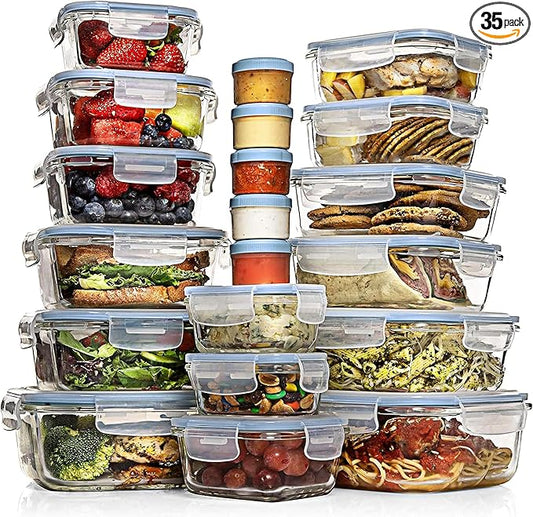 Razab 35 Pc Set Glass Food Storage Containers with Lids - Meal Prep Airtight Bento Boxes BPA-Free 100% Leak Proof (15 lids,15 glass & 5 Plastic Sauce/Dip Containers)