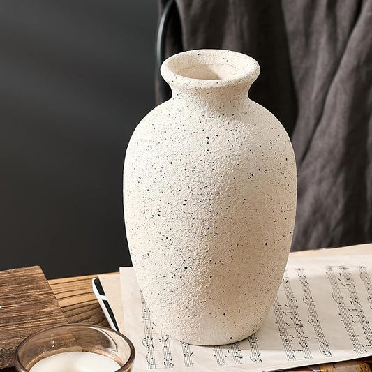 Ceramic Rustic Flower Vase, 8.38 Inch Vintage Pottery Home Decor, Antique Farmhouse Terracotta Vase for Living Room, Table, Shelf, Mantel Decoration, Farmhouse - Off-White
