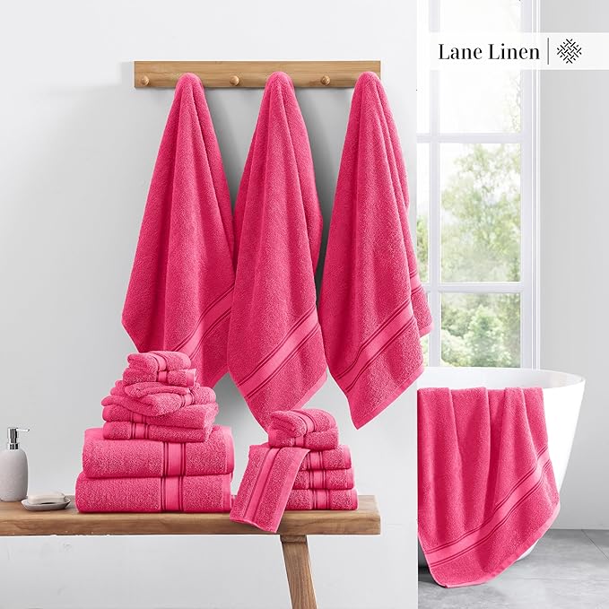 LANE LINEN 12 Pc Bath Towels Set – Ultra Soft 100% Ring-Spun Cotton, 4 Bath, 4 Hand Towel & 4 Wash Cloth, Zero Twist, Quick-Dry, Long-Lasting Comfort & Hotel Quality, Machine Washable – Fuchsia