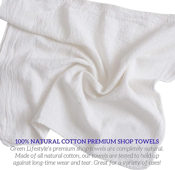 GREEN LIFESTYLE White Shop Towels 12x14, 600 Pack, 100% Cotton Super Absorbent & Durable Shop Rags, Reusable Shop Rags Bulk, Multipurpose Cleaning Towels for Automobiles, Industries, Garage and Home