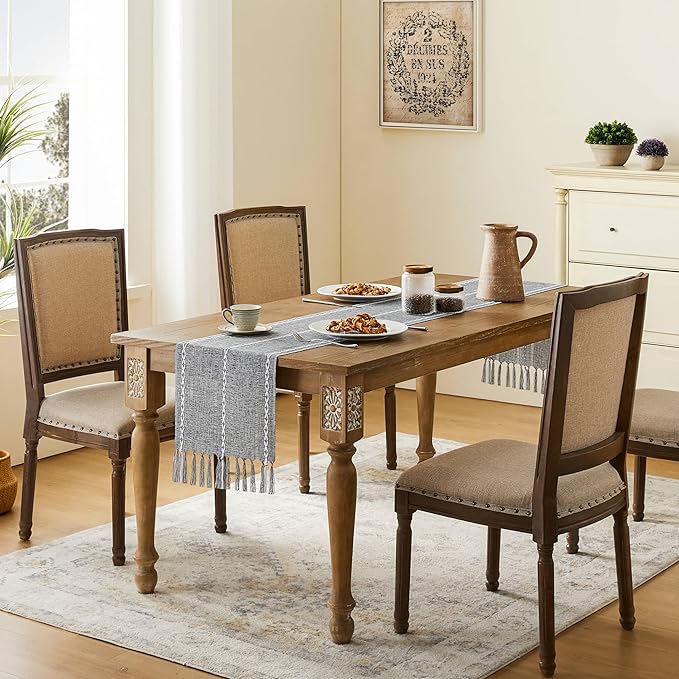 Hemstitched Farmhouse Table Runner, Charcoal 13x60 Inch, Cotton Linen Table Runners 60 Inches Long, Embroidered Striped Grey Boho Table Runner Rustic Home Decor