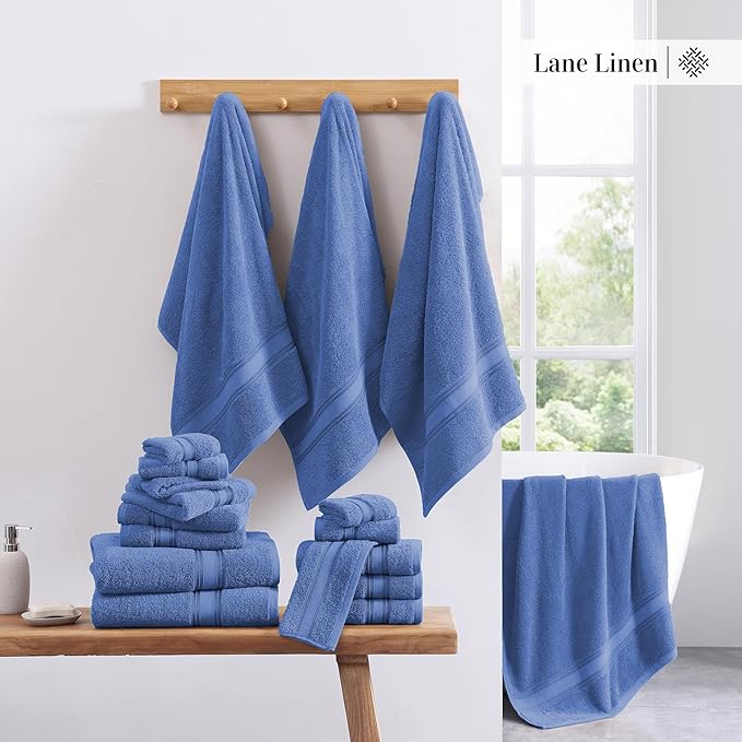 LANE LINEN Luxury Bath Towels Set - 3 Piece Set, 100% Cotton Bathroom Towels, Zero Twist, Quick Dry Shower Towels, Soft & Absorbent Bath Towel, 1 Bath Towel, 1 Hand Towel, 1 Washcloth - Cerulean Blue