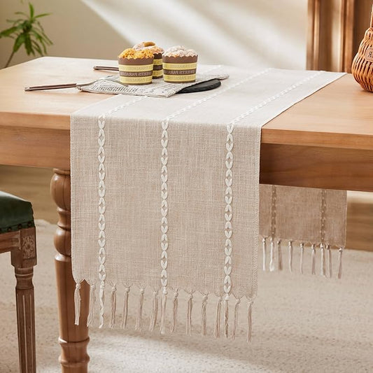 Braided Farmhouse Table Runner,Braided Taupe 13x108 Inch, Cotton Linen Table Runners 108 Inches Long, Embroidered Striped Taupe Boho Table Runner Rustic Home Decor