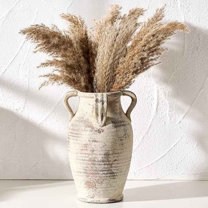 Handmade Ceramic Vase with 4 Handles, 10.83" Tall Farmhouse Rustic Terracotta Flower Vase, Vintage Vases for Home Decor, Wedding, Living Room, Table, Shelf Decor, Neutral