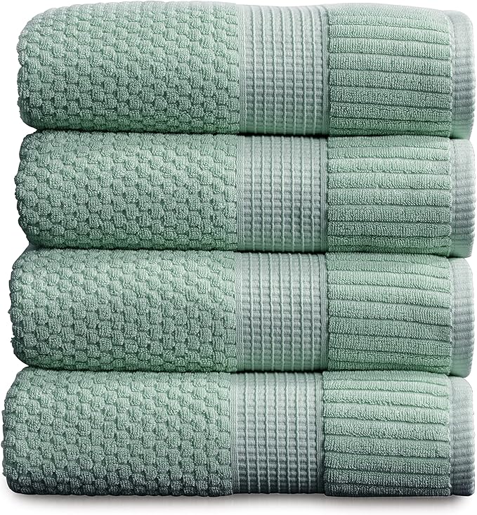 NY Loft 100% Cotton Bath Towel 4 Pack | Super Soft & Absorbent Quick-Dry Bath Towels 30" x 52" |Textured and Durable Cotton | Trinity Collection (4 Pack Bath Towel, Wasabi Green)