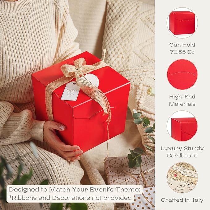 Pack of 10 Gift Boxes With Lids (7.87 x 7.87 x 7.08 inch) - Ideal for Graduation Presents - Red Linen