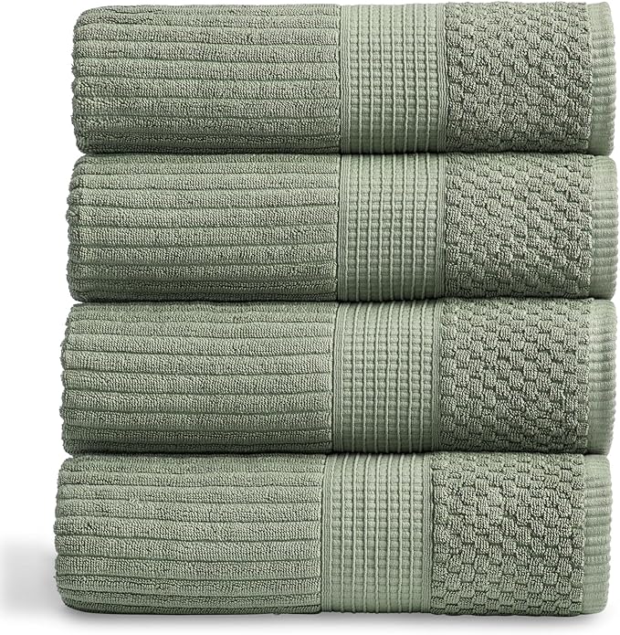 Springtree Home 100% Cotton Bath Towel Set of 4 | Super Soft & Absorbent with Quick-Dry Fibers | 4 Bath Towels | Textured and Durable Cotton | Krista Collection (Lily Pad Green)