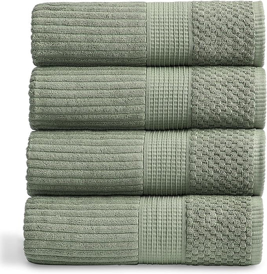 Springtree Home 100% Cotton Bath Towel Set of 4 | Super Soft & Absorbent with Quick-Dry Fibers | 4 Bath Towels | Textured and Durable Cotton | Krista Collection (Lily Pad Green)