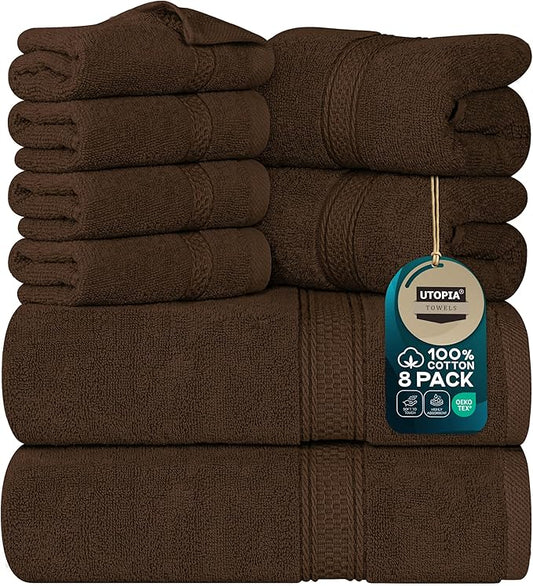 Utopia Towels 8-Piece Premium Towel Set, 2 Bath Towels, 2 Hand Towels, and 4 Wash Cloths, 600 GSM 100% Ring Spun Cotton Highly Absorbent Towels for Bathroom, Gym, Hotel, and Spa (Brown)
