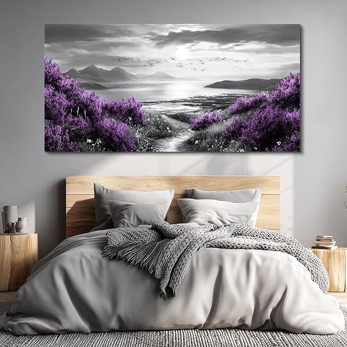 Canvas Wall Decor for Office Large Wall Art for Living Room Modern Bedroom Wall Decoration Purple Flowers Landscape Pictures Black and White Scenery Paintings Artwork Aesthetic Home Decor