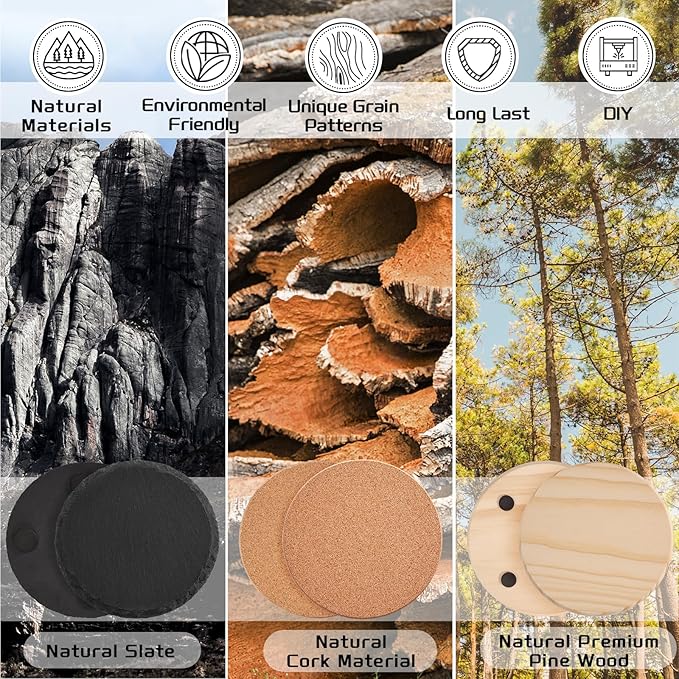 90 PCS Round Blank Coasters Bulk for Laser Engraving, MAPRIAL 4 Inch 100% Natural Black Slate Stone, Wood, Cork, Engravable Materials for Engraver, Gifts, Crafts