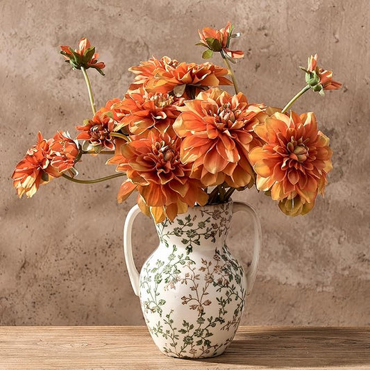 Green and Beige Farmhouse Vintage Vase with 2 Handles, Chinoiserie Floral Vase, Rustic Ceramic Vases for Home Decor, Wedding, Living Room, Table, Shelf Decor - 8.3 Inch Tall