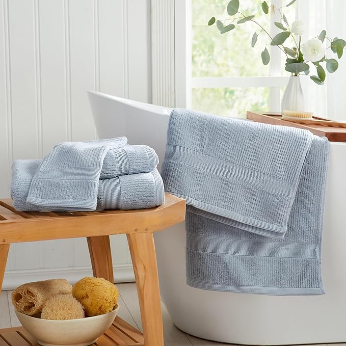 Springtree Home Blue Bath Towels Set of 6 | Ribbed Textured | 100% Combed Cotton | Absorbent Quick-Dry Towels for Bathroom | Oeko-TEX® Standard 100 Cotton | Mauro Collection - Blue Fog