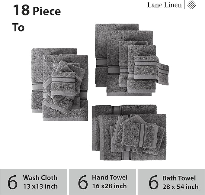 LANE LINEN 100% Ring-Spun Cotton Bath Towels Set of 18 – Zero Twist, 6 Bath, 6 Hand Towel & 6 Washcloths, Soft, Ideal for Spa Hotel & Home, Gentle on Body, Durable After Multiple Washes – Cool Grey