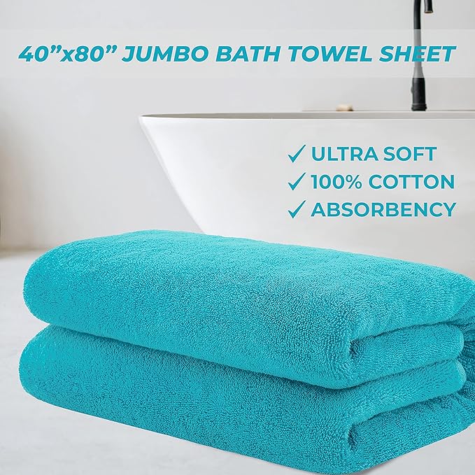 Cotton Paradise 100% Cotton 40x80 Oversized Bath Sheet, Extra Large Turkish Bath Towels for Bathroom, Aqua Blue Bathsheet