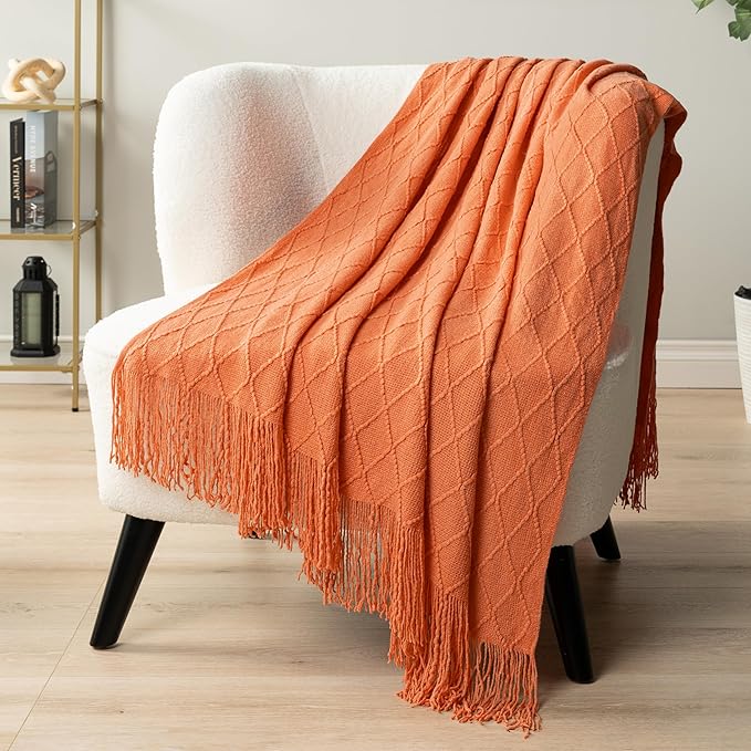 PAVILIA Coral Orange Knit Throw Blanket for Couch, Twin Bed, Soft Knitted Farmhouse Sofa Throw for Living Room, Lightweight Decorative Fall Blanket for Chair, Outdoor Textured Boho Blanket, 60x80