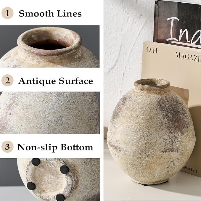 Ceramic Flower Vase, 6.22 Inch Rustic Farmhouse Vase Home Decor, Handcrafted Vintage Pottery Vase, Small Terracotta Vases for Living Room, Table, Shelf, Fireplace-Natural Brown