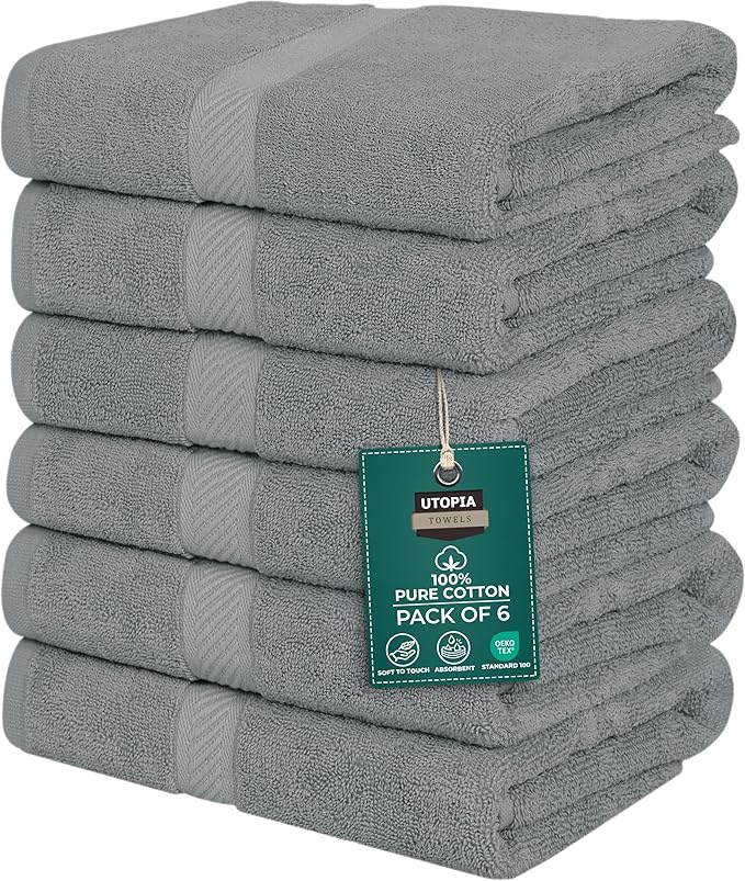 Utopia Towels 6 Pack Medium Bath Towel Set, 24 by 48 Inches, 500 GSM 100% Ring Spun Cotton, Lightweight and Highly Absorbent Quick Drying Premium Towels for Hotel, Spa and Bathroom, Cool Grey
