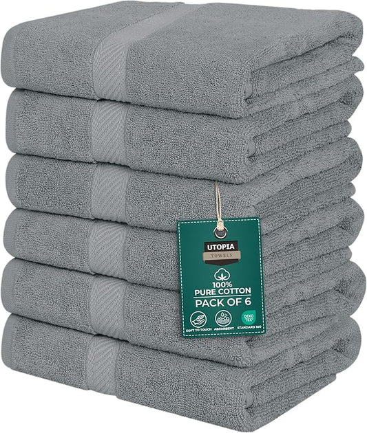 Utopia Towels 6 Pack Medium Bath Towel Set, 24 by 48 Inches, 500 GSM 100% Ring Spun Cotton, Lightweight and Highly Absorbent Quick Drying Premium Towels for Hotel, Spa and Bathroom, Cool Grey