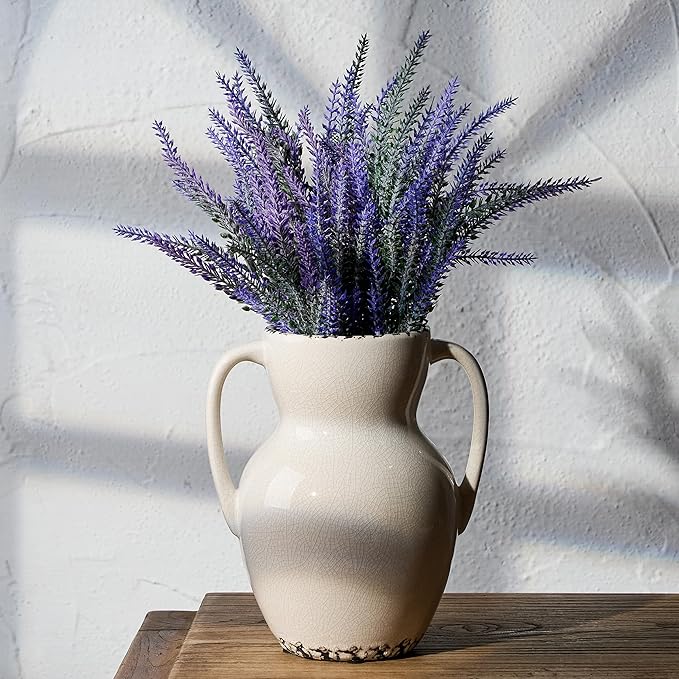 White Ceramic Rustic Vase with 2 Handles, Modern Farmhouse Round Flower Vase, Antique Decorative Vases for Home Decor, Wedding, Living Room, Shelf Decor - 8.3 Inch Tall, Ice Cracked White